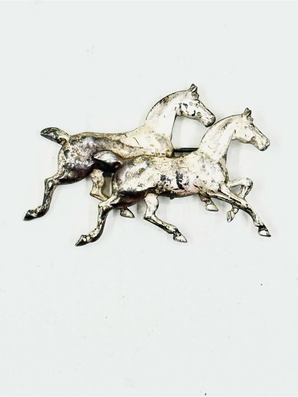 Vintage Silver-Tone Galloping Running Horses Equestrian Brooch